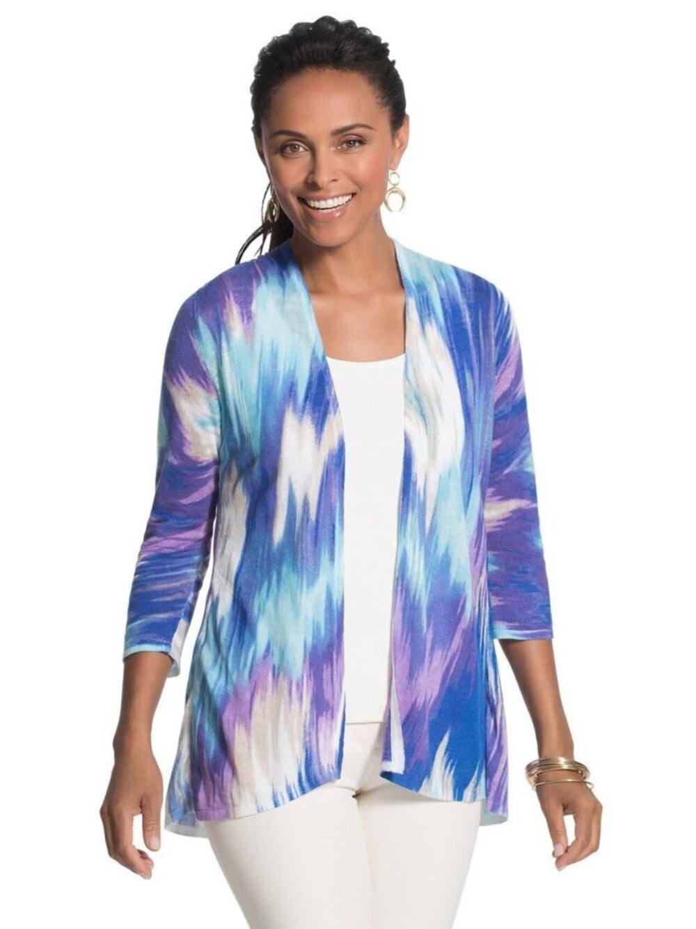 Chicos Jeanette Cardigan Sweater M 1 3/4 Sleeve Linen 8 Purple Blue New Womens